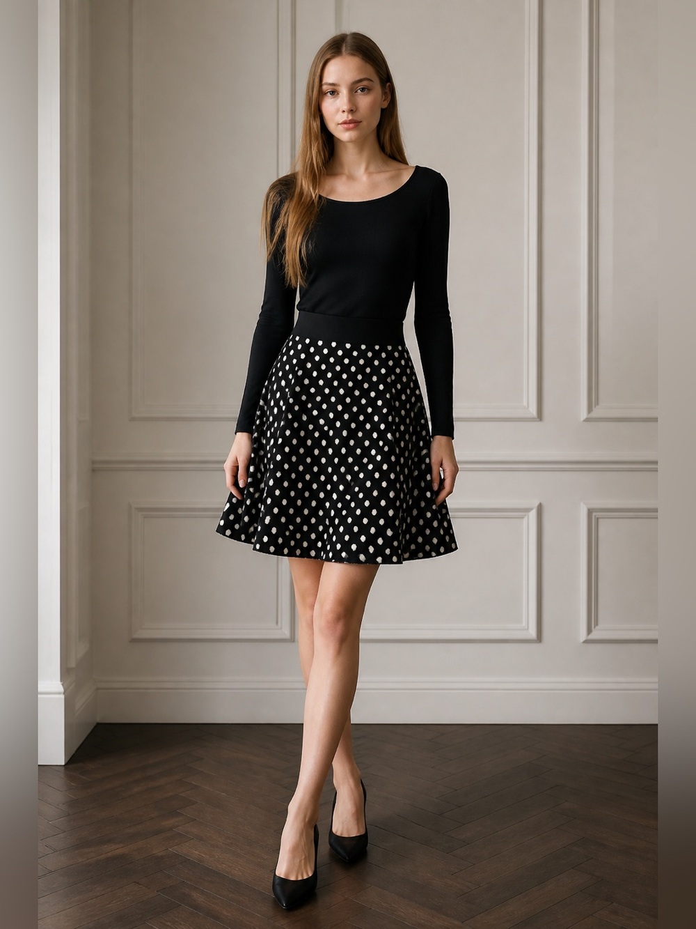 EUC Maeve Black and White Polka Dot A-Line Skirt